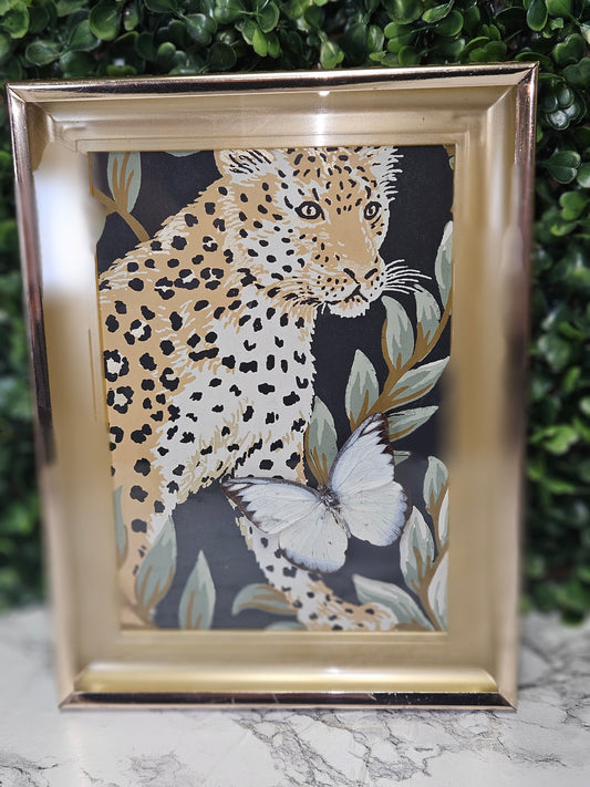 Vintage brass framed leopard & white butterfly