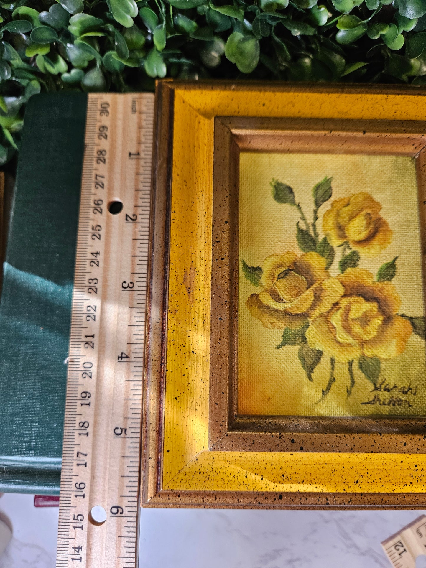 Sm. Vintage yellow roses signed painting - yellow frame