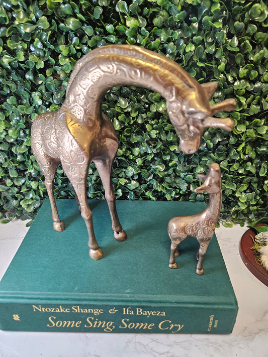 large Vintage Etched Brass Giraffe mother & baby  Figurine/Sculpture/Mid Century/Safari Decor/Nursery