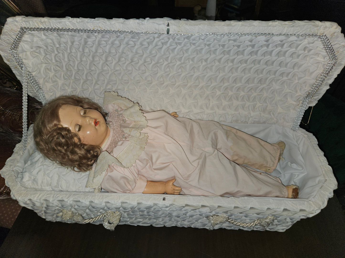 Vintage infant casket - white crepe