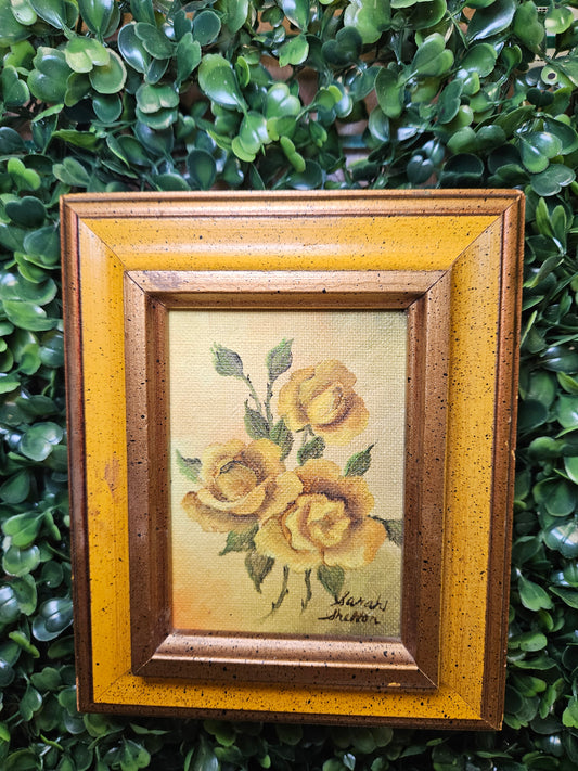 Sm. Vintage yellow roses signed painting - yellow frame
