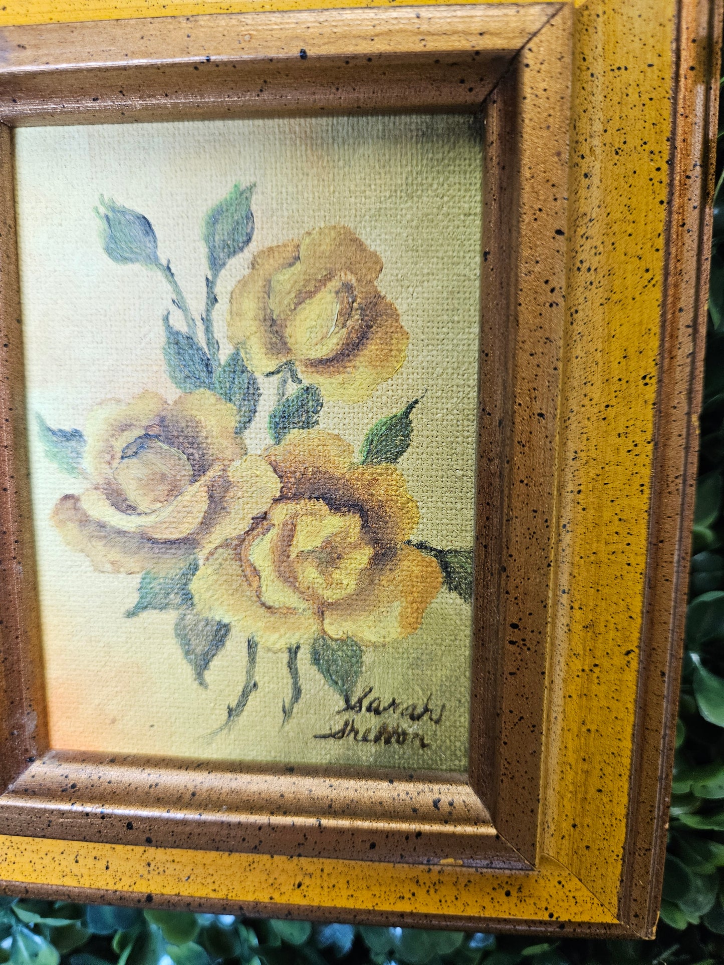 Sm. Vintage yellow roses signed painting - yellow frame