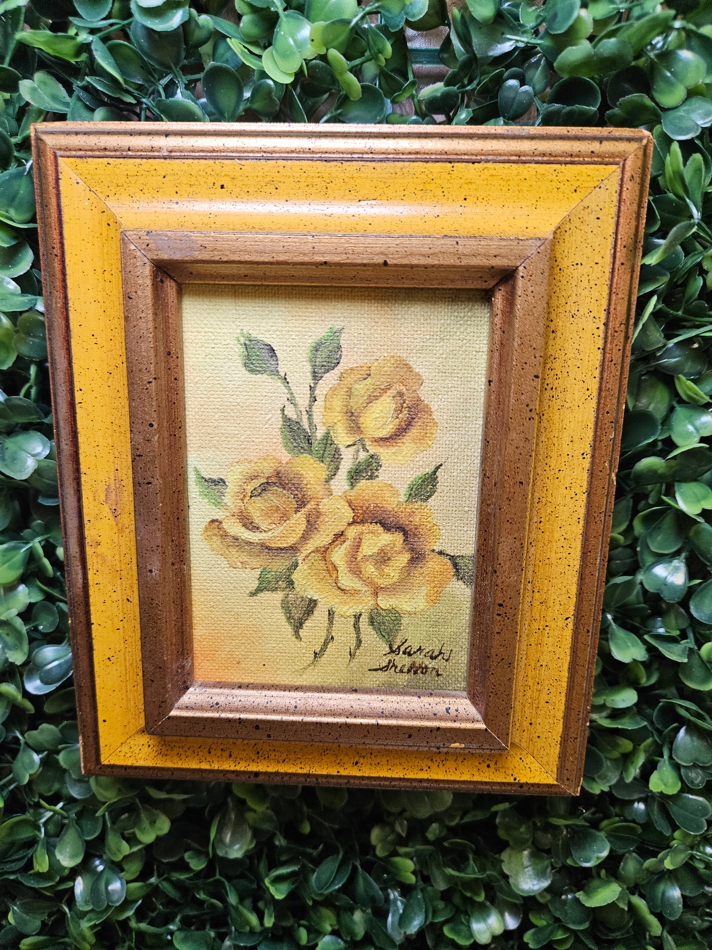 Sm. Vintage yellow roses signed painting - yellow frame