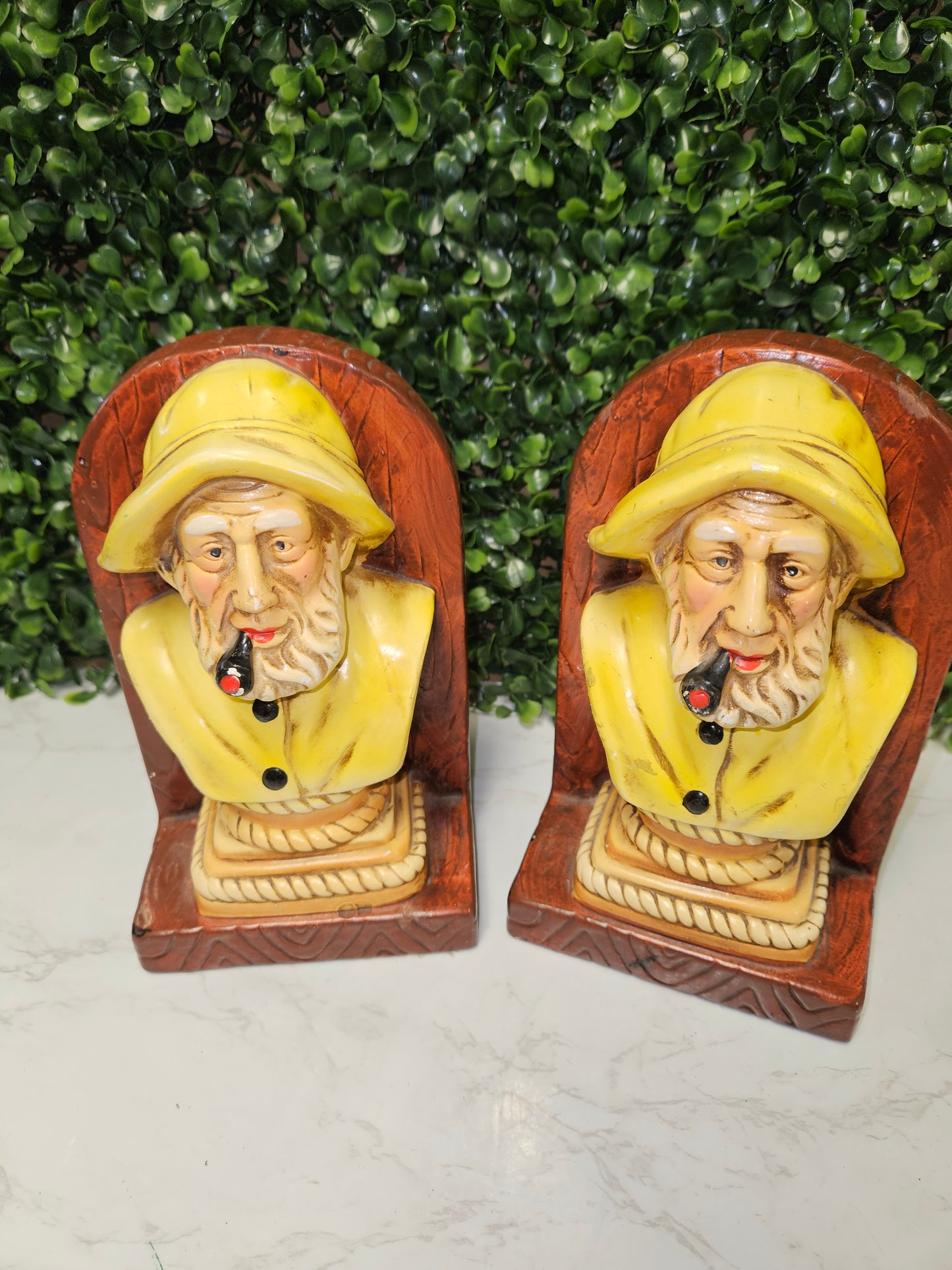 Vintage Sailor -Fisherman bookends - smoking pipe - bookends Nautical chalkware - sea captain - yellow