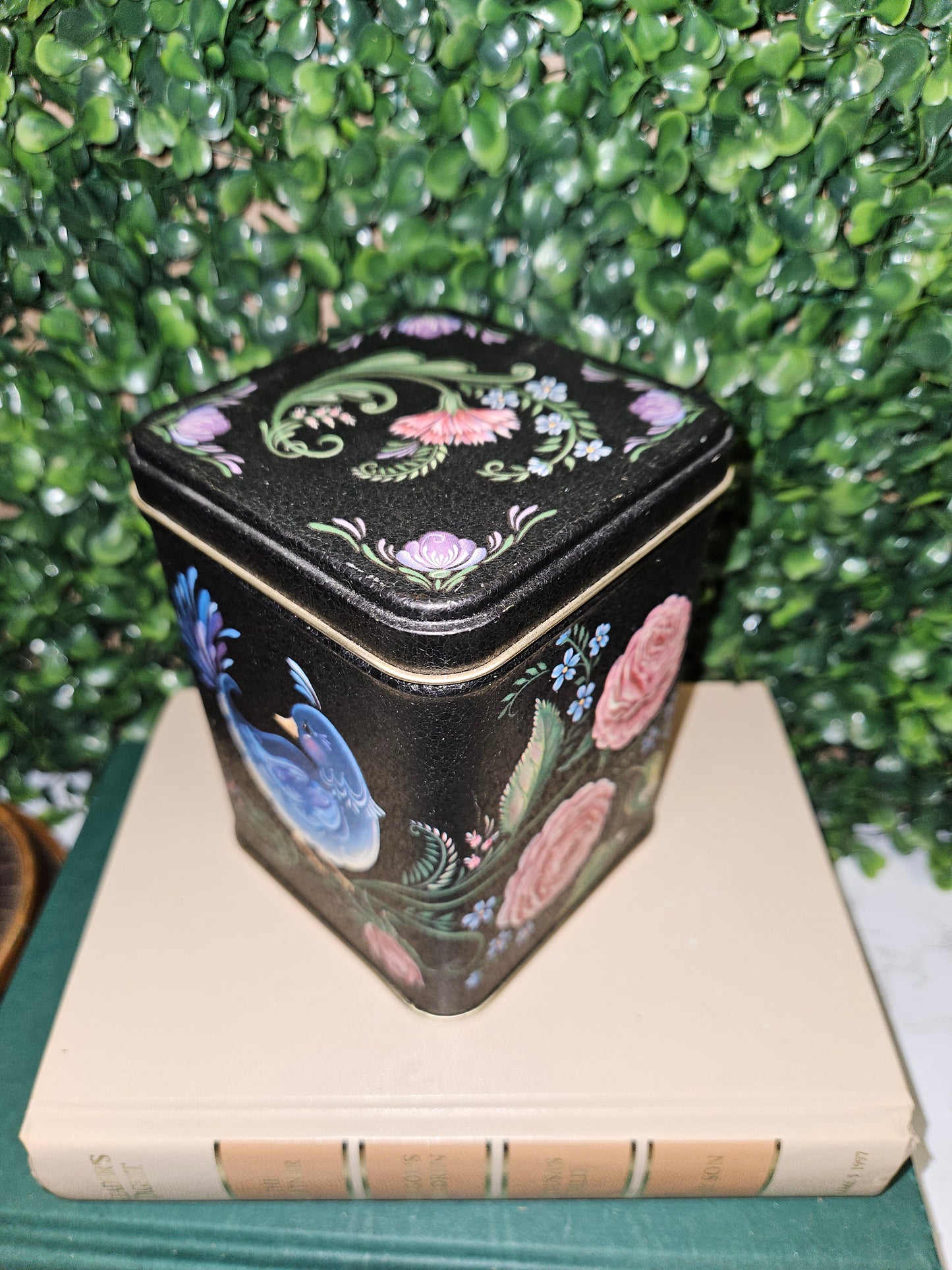 Vintage tea tin canister black & floral motif - century resources inc