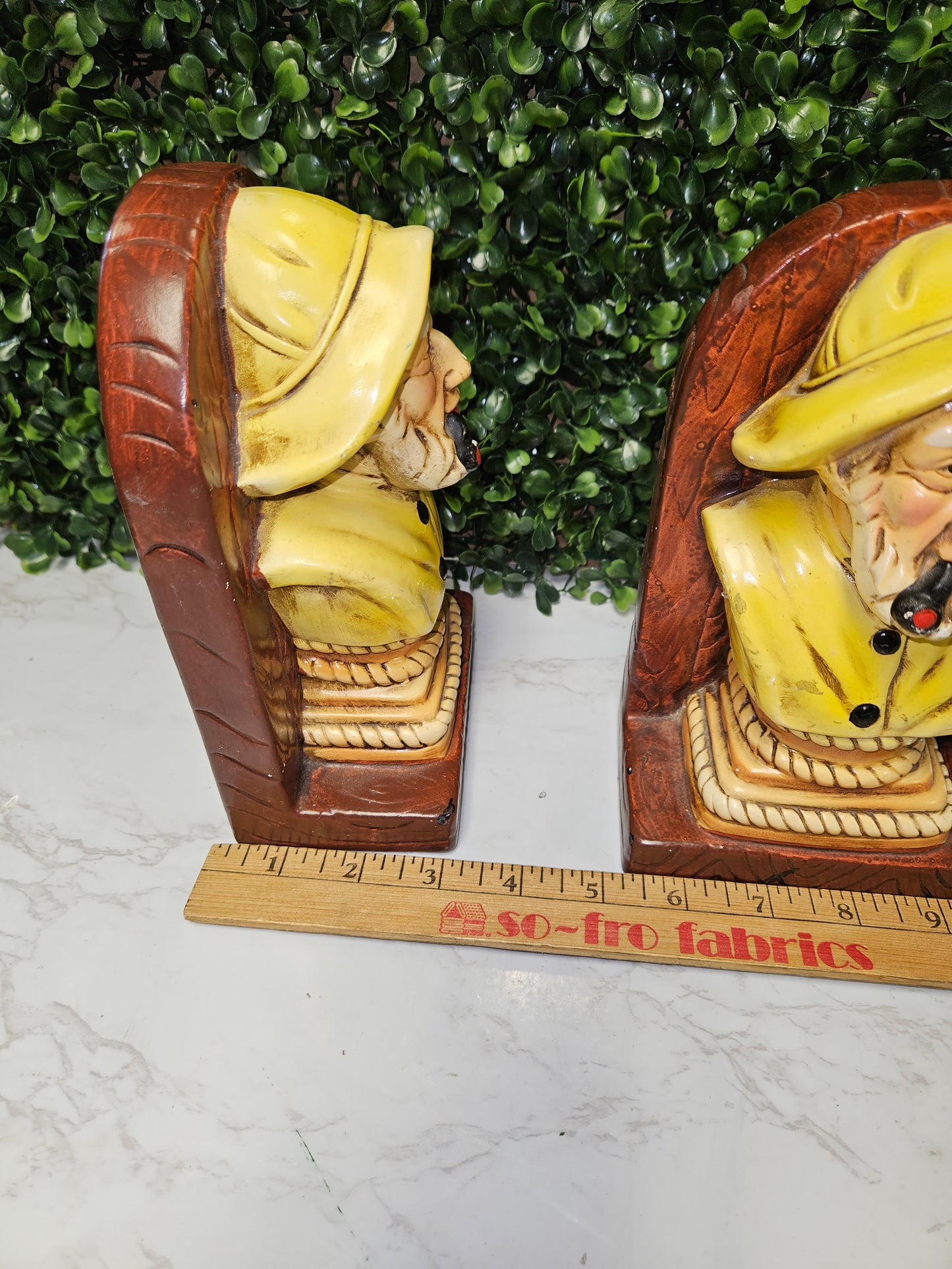 Vintage Sailor -Fisherman bookends - smoking pipe - bookends Nautical chalkware - sea captain - yellow