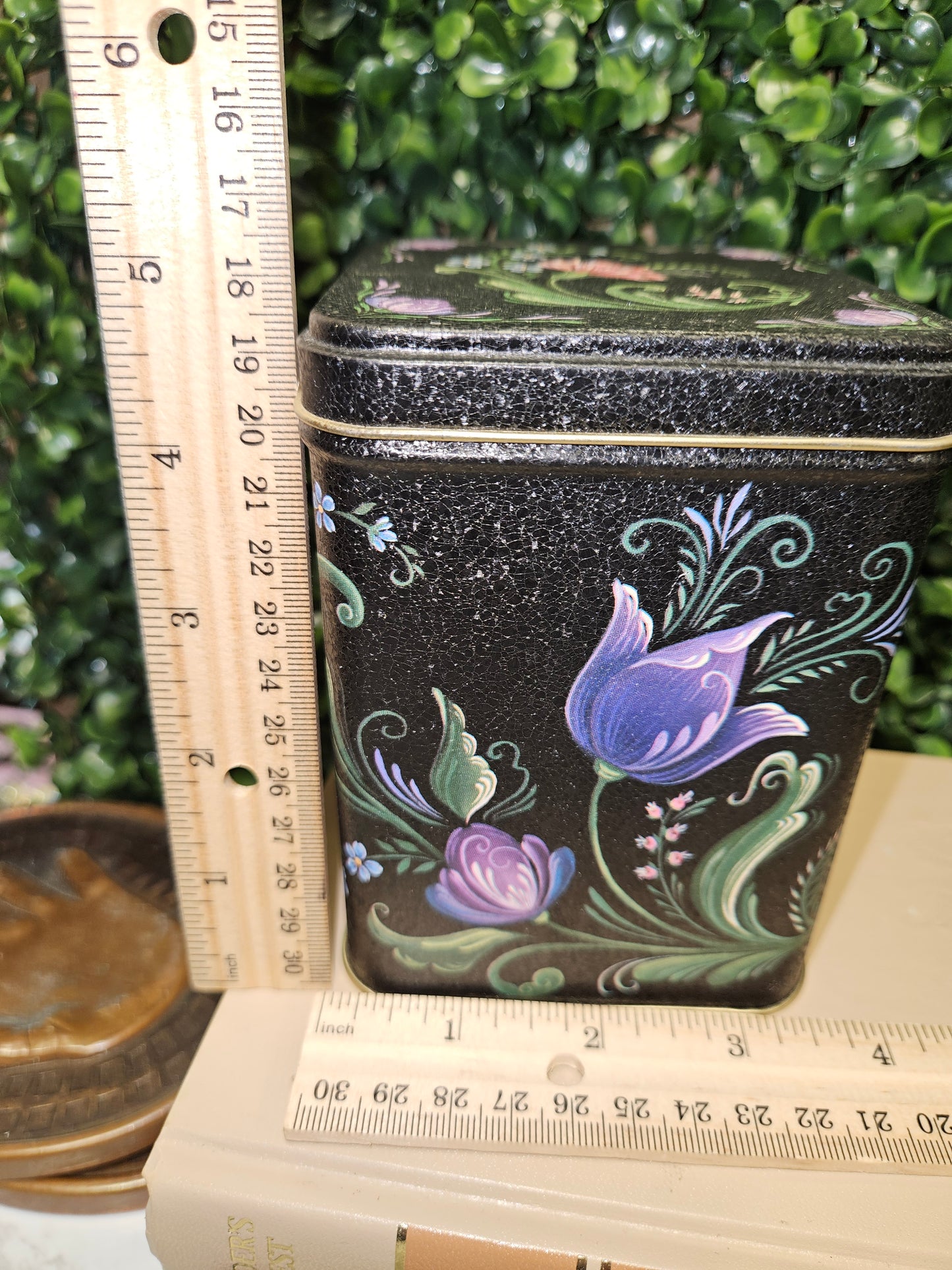 Vintage tea tin canister black & floral motif - century resources inc