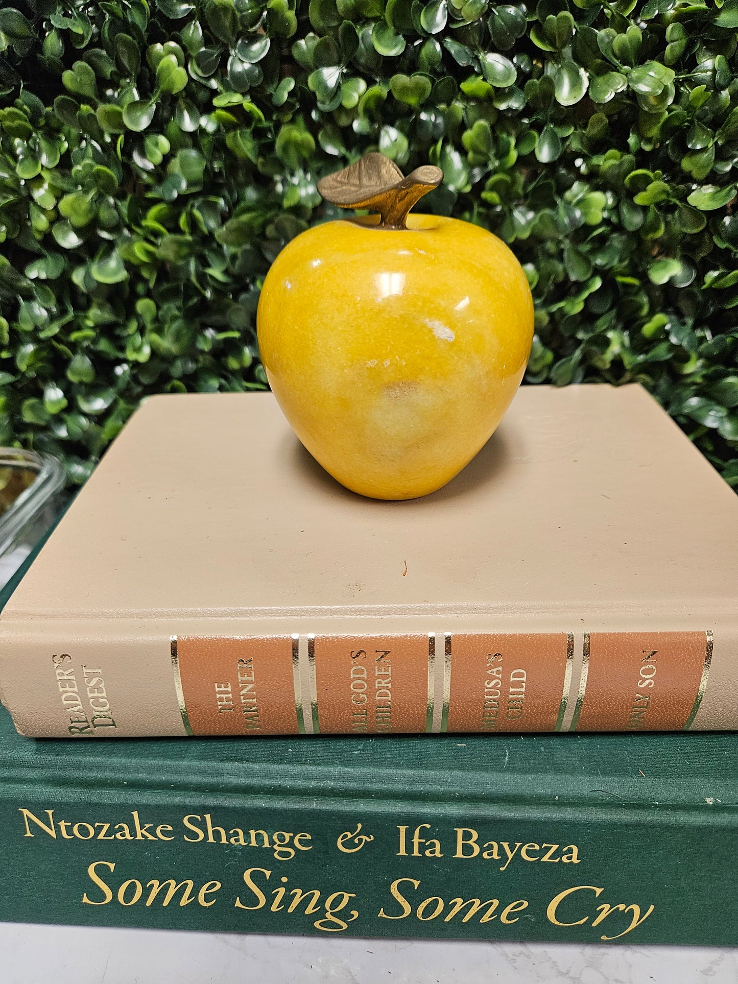 Vintage orange alabaster apple & brass stem