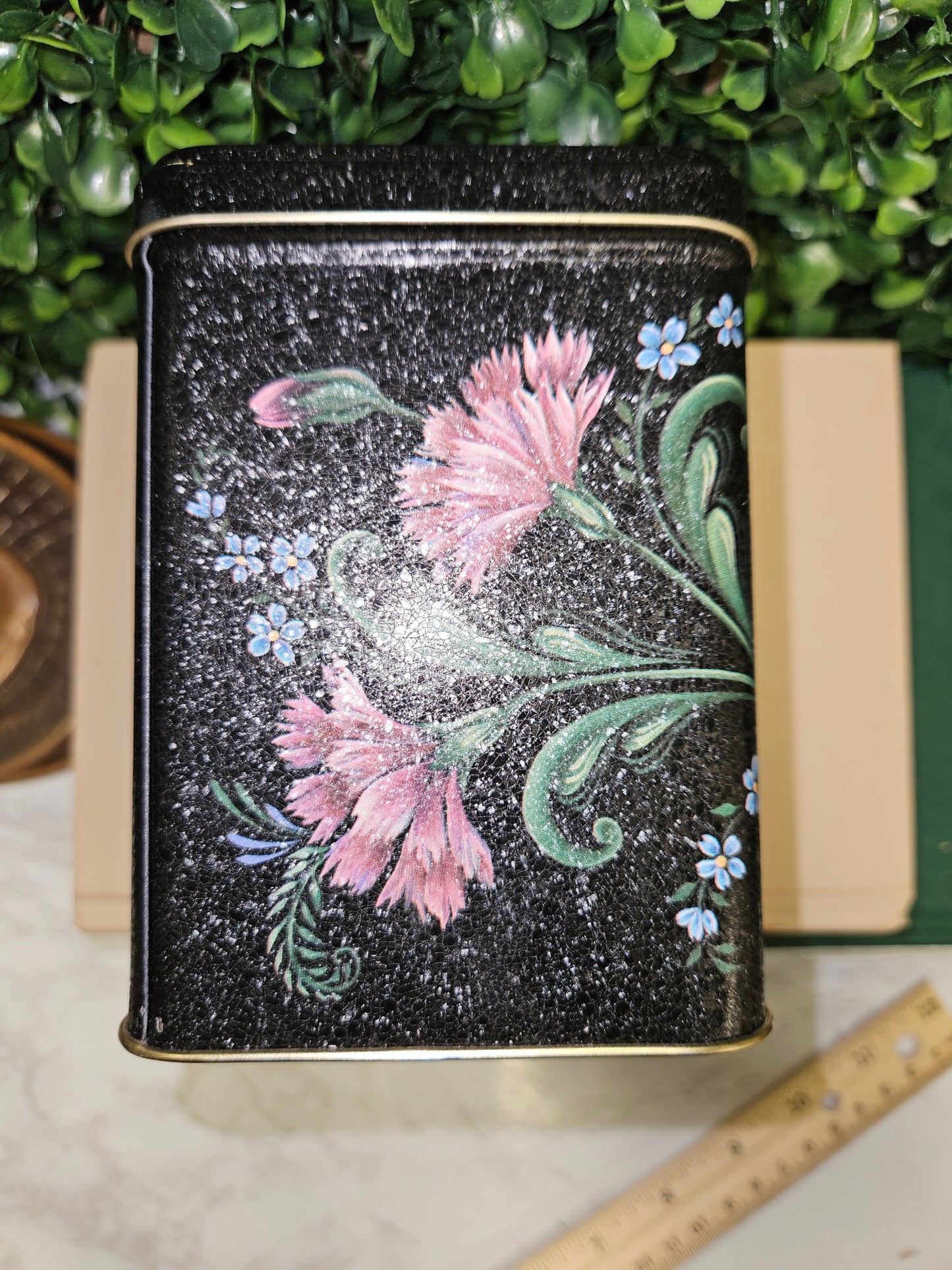 Vintage tea tin canister black & floral motif - century resources inc