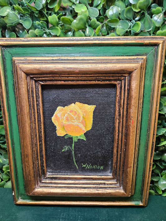 Sm. Vintage signed Yellow rose paintinb green frame