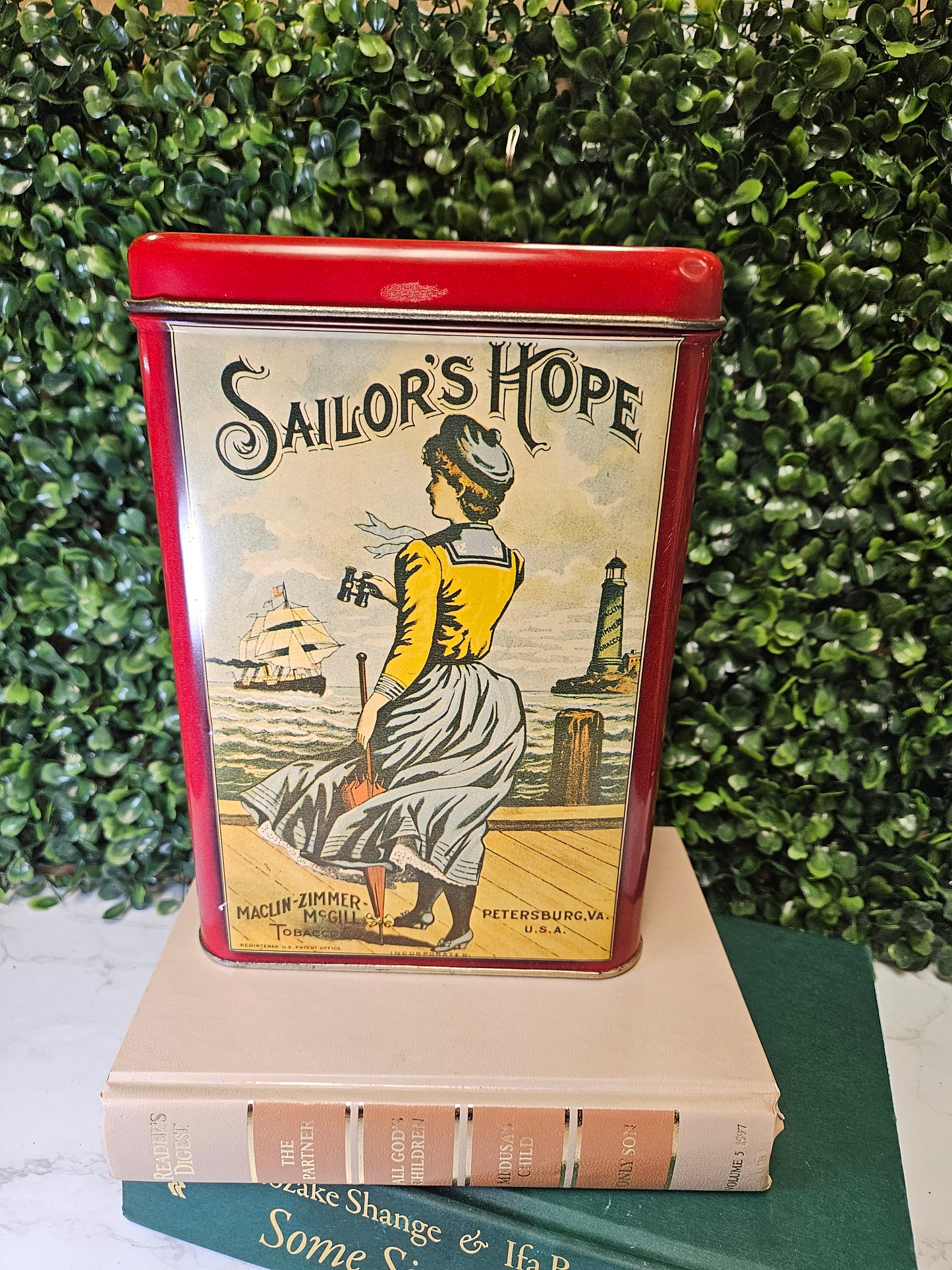 Vintage tin sailor's hope seaside red tin tobacco tin - beach - ocean - sailor