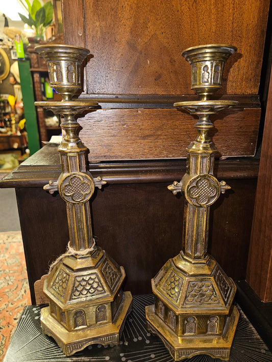 Vintage silver color sacred heart Mary & jesus candlestick holders - religious metal church