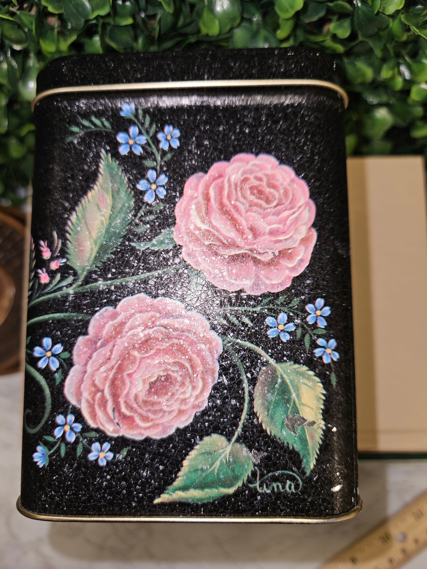 Vintage tea tin canister black & floral motif - century resources inc