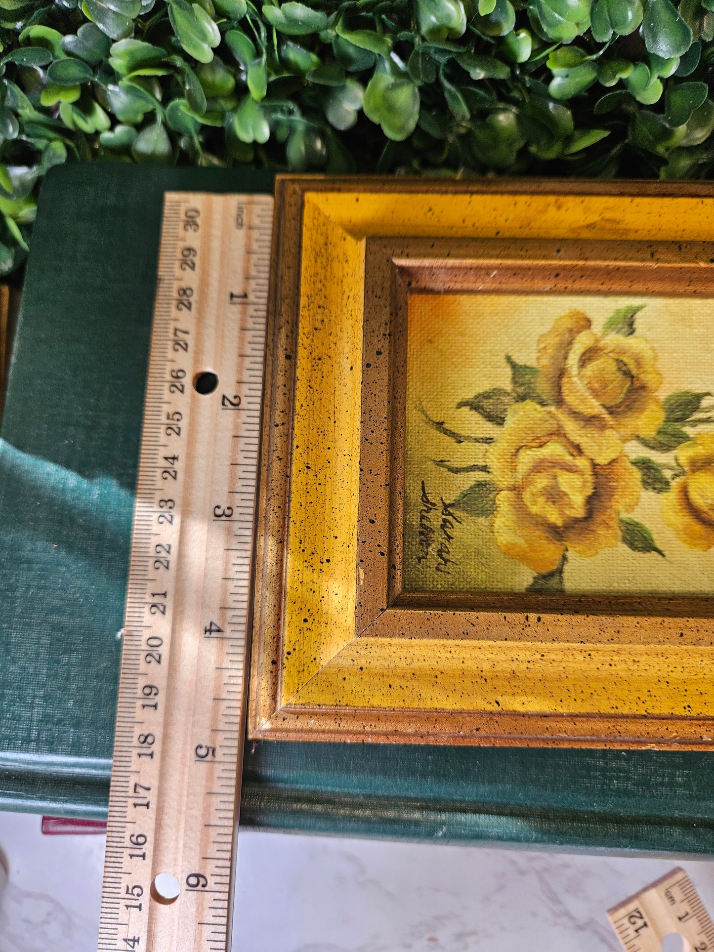 Sm. Vintage yellow roses signed painting - yellow frame