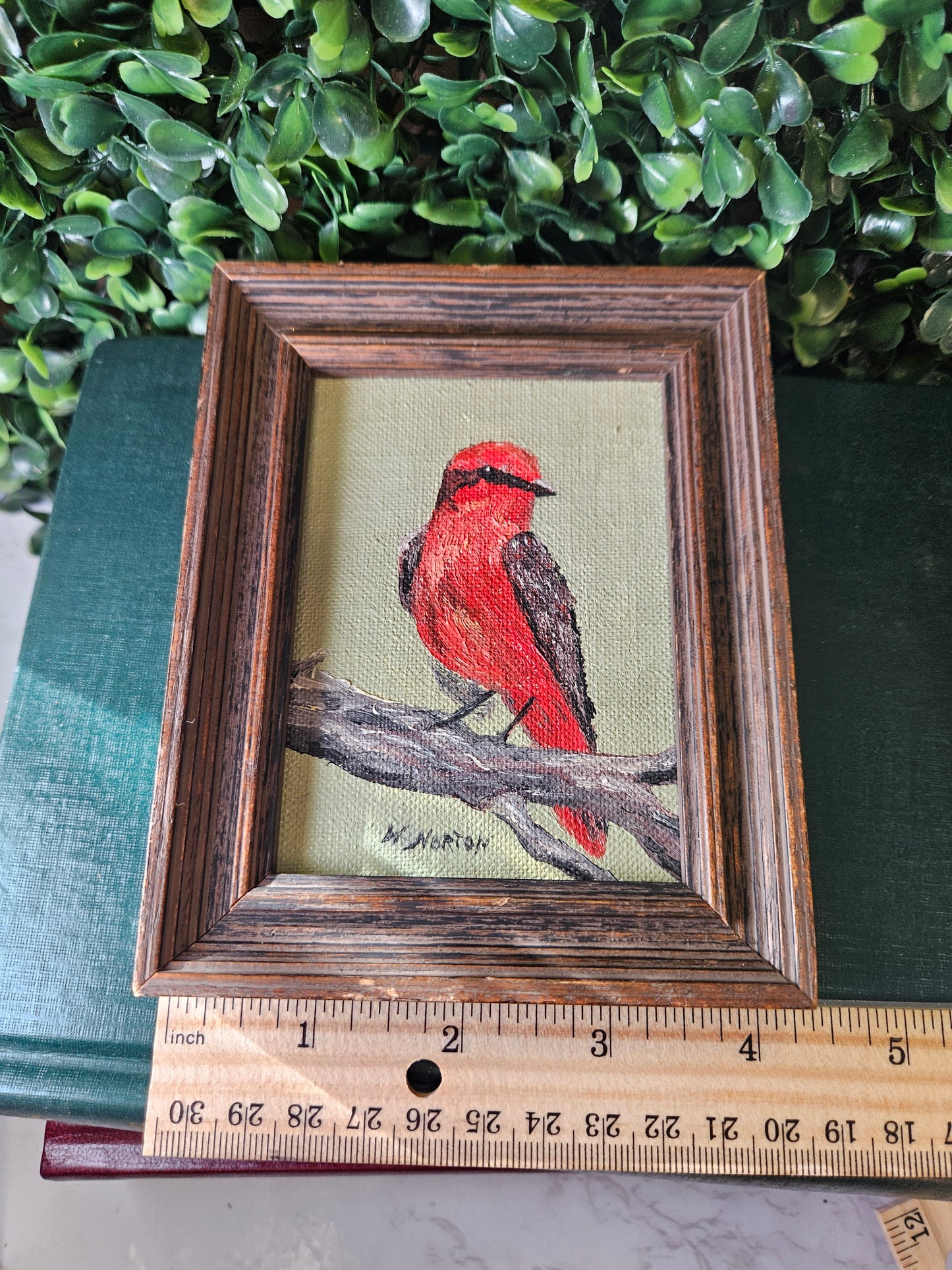 Sm. Vintage signed red bird painting 4x5" Red Robin