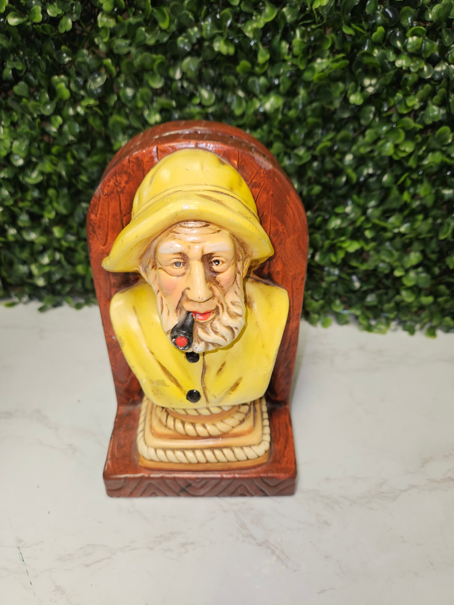 Vintage Sailor -Fisherman bookends - smoking pipe - bookends Nautical chalkware - sea captain - yellow