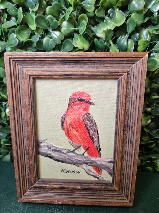 Sm. Vintage signed red bird painting 4x5" Red Robin