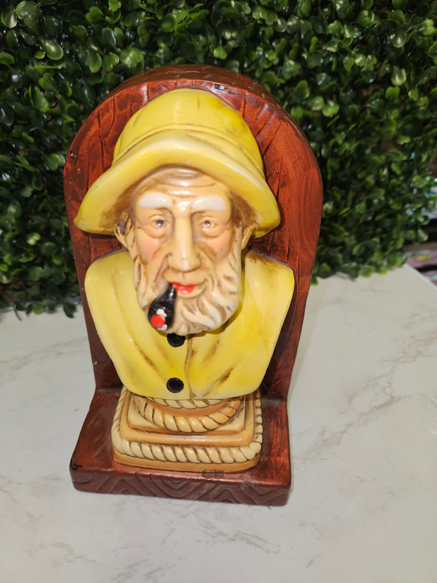 Vintage Sailor -Fisherman bookends - smoking pipe - bookends Nautical chalkware - sea captain - yellow