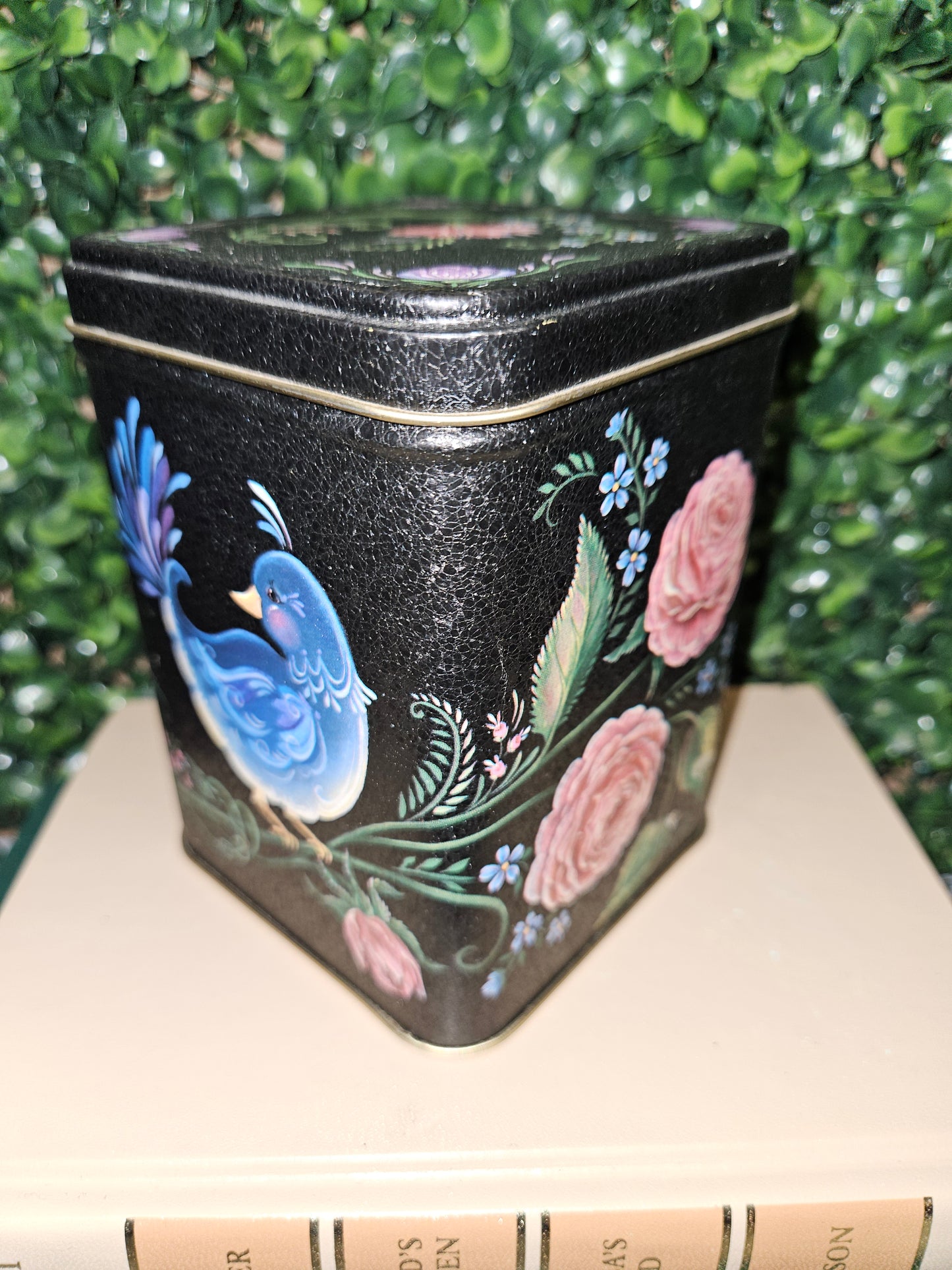 Vintage tea tin canister black & floral motif - century resources inc