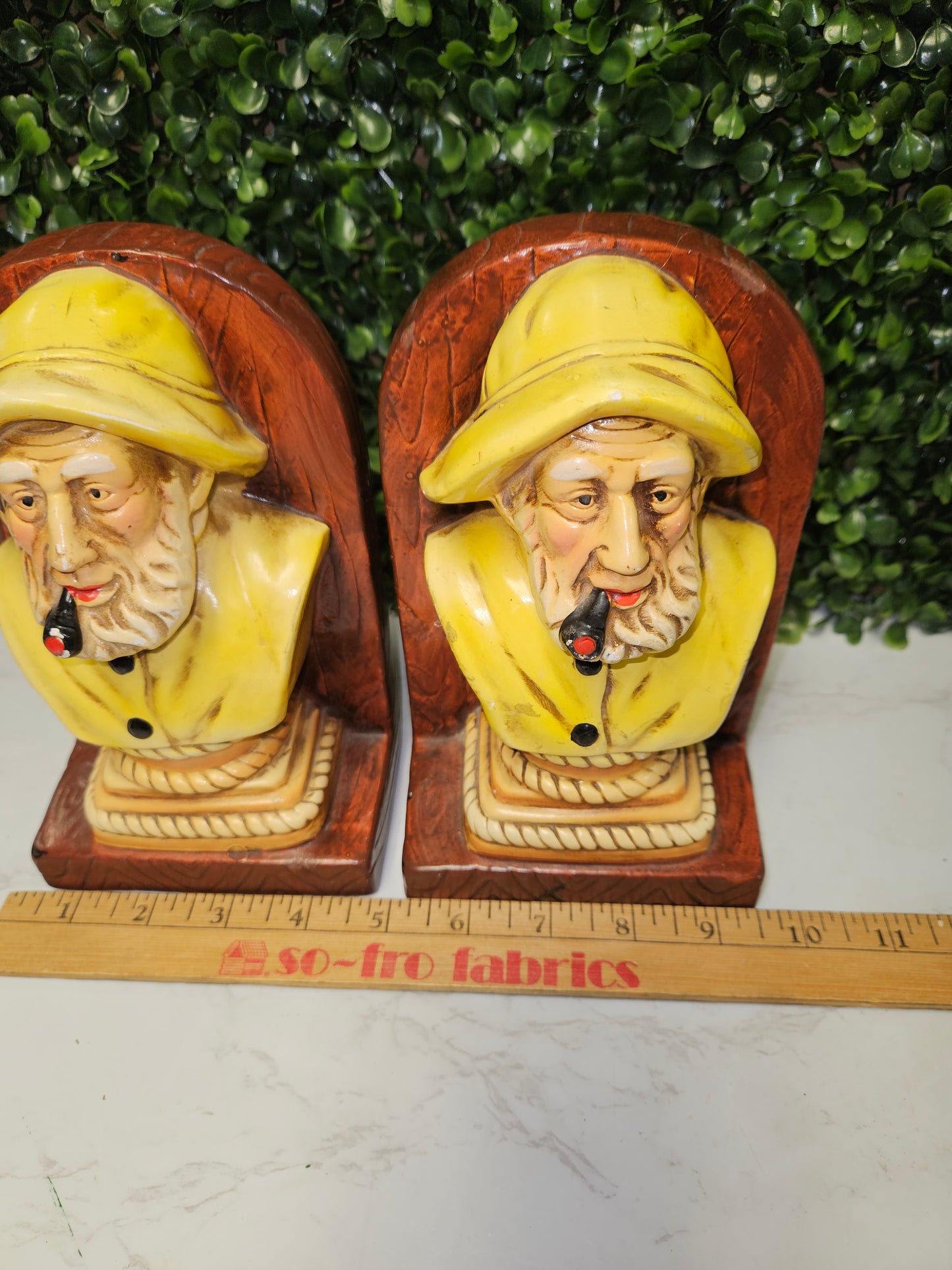 Vintage Sailor -Fisherman bookends - smoking pipe - bookends Nautical chalkware - sea captain - yellow