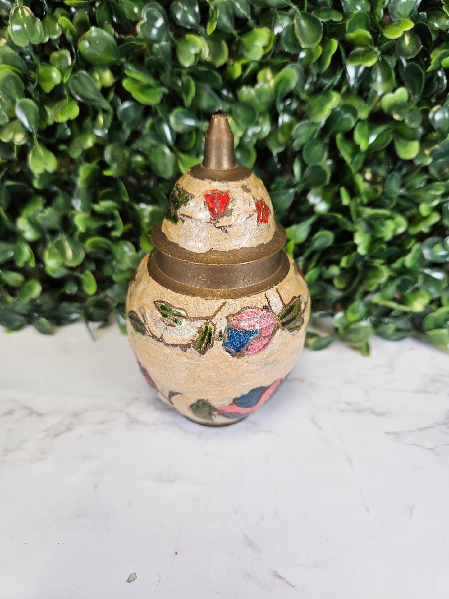 Small Brass Enamel Vase, Lidded Vase, Floral Pattern cream, red & green