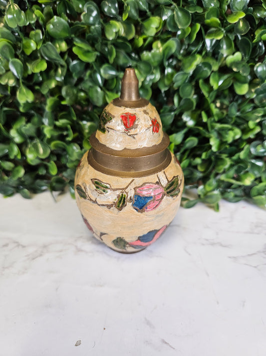 Small Brass Enamel Vase, Lidded Vase, Floral Pattern cream, red & green