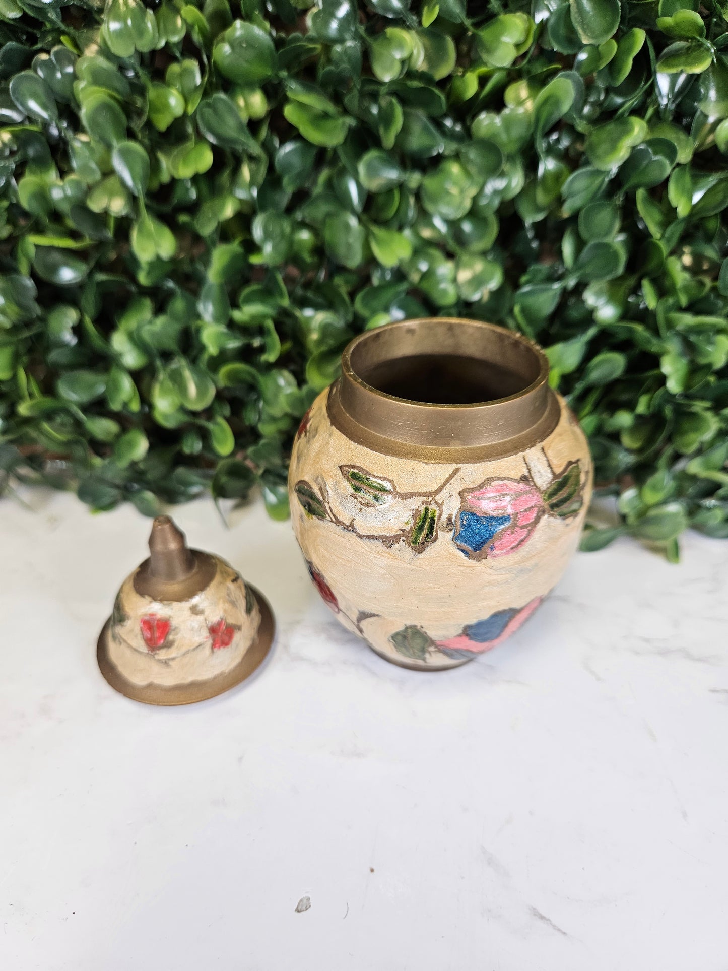 Small Brass Enamel Vase, Lidded Vase, Floral Pattern cream, red & green