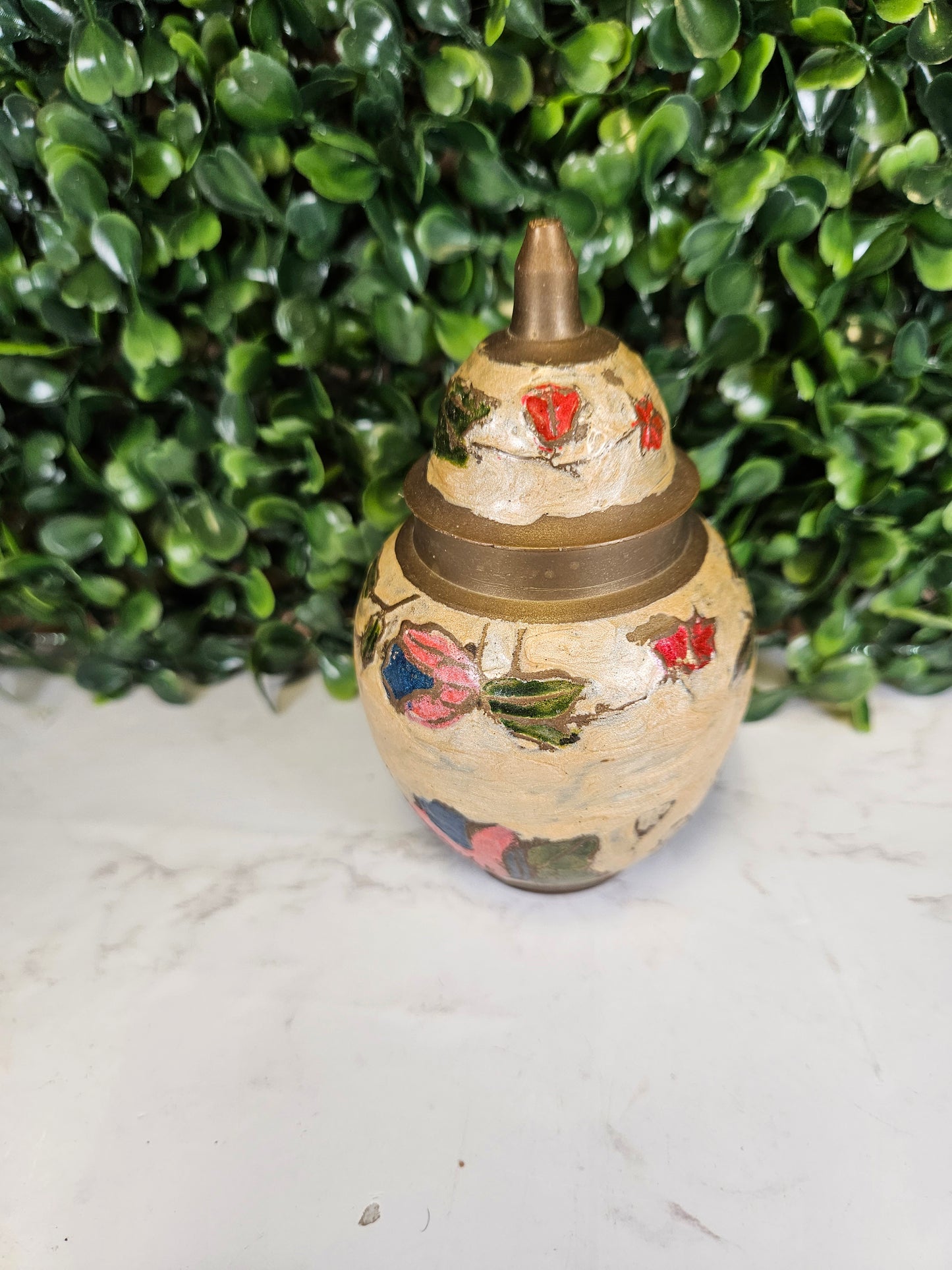 Small Brass Enamel Vase, Lidded Vase, Floral Pattern cream, red & green