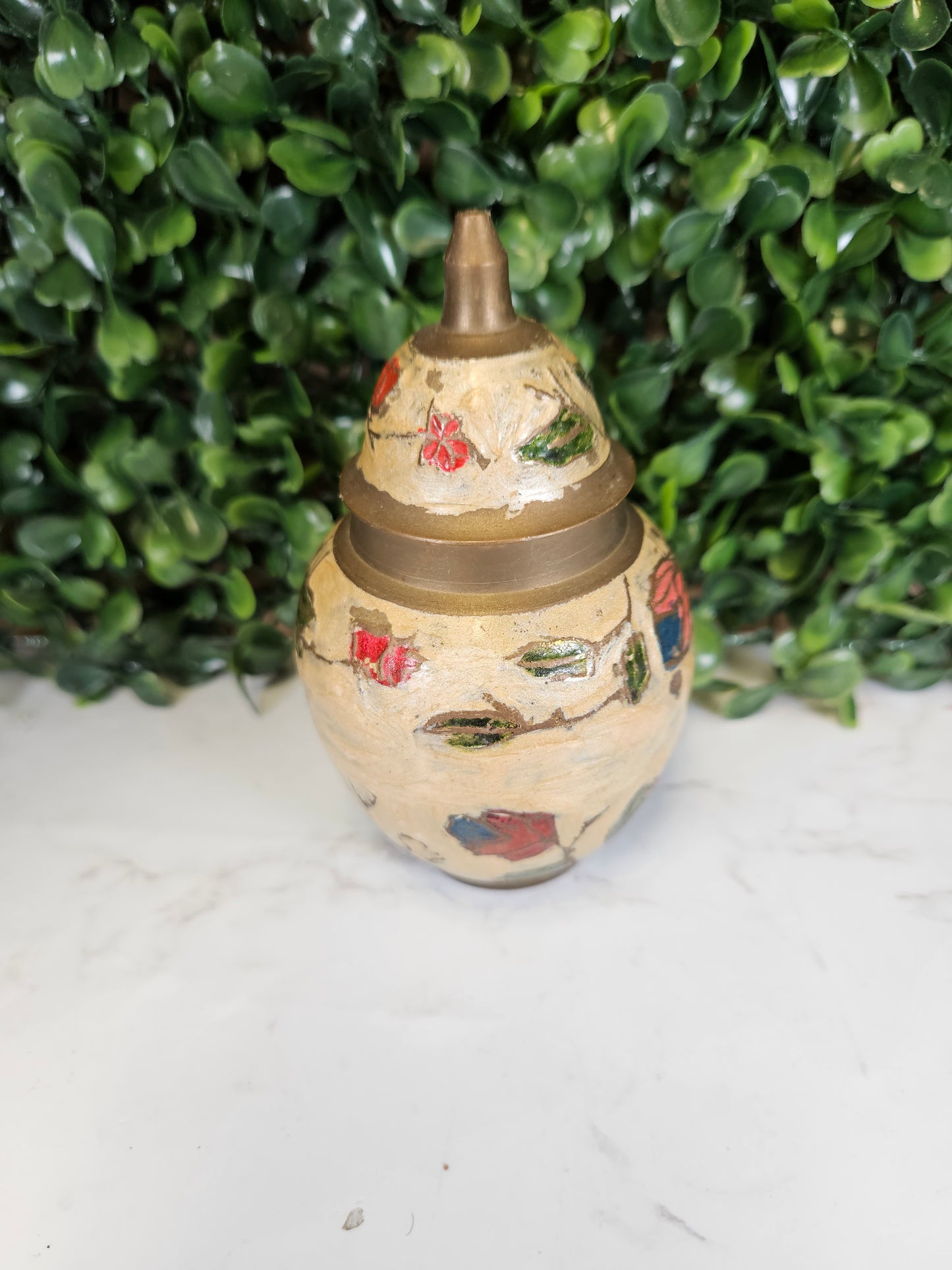 Small Brass Enamel Vase, Lidded Vase, Floral Pattern cream, red & green