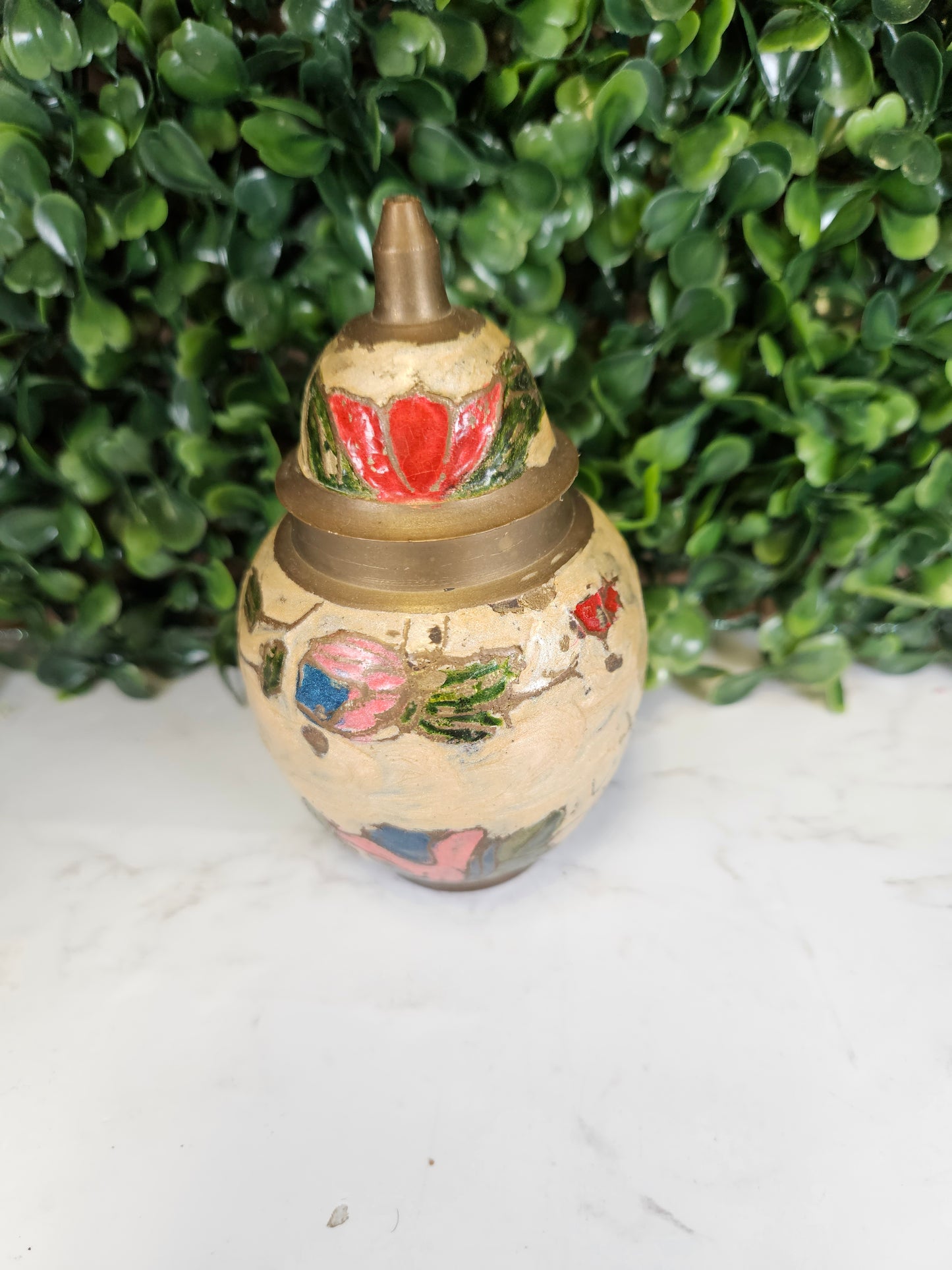 Small Brass Enamel Vase, Lidded Vase, Floral Pattern cream, red & green