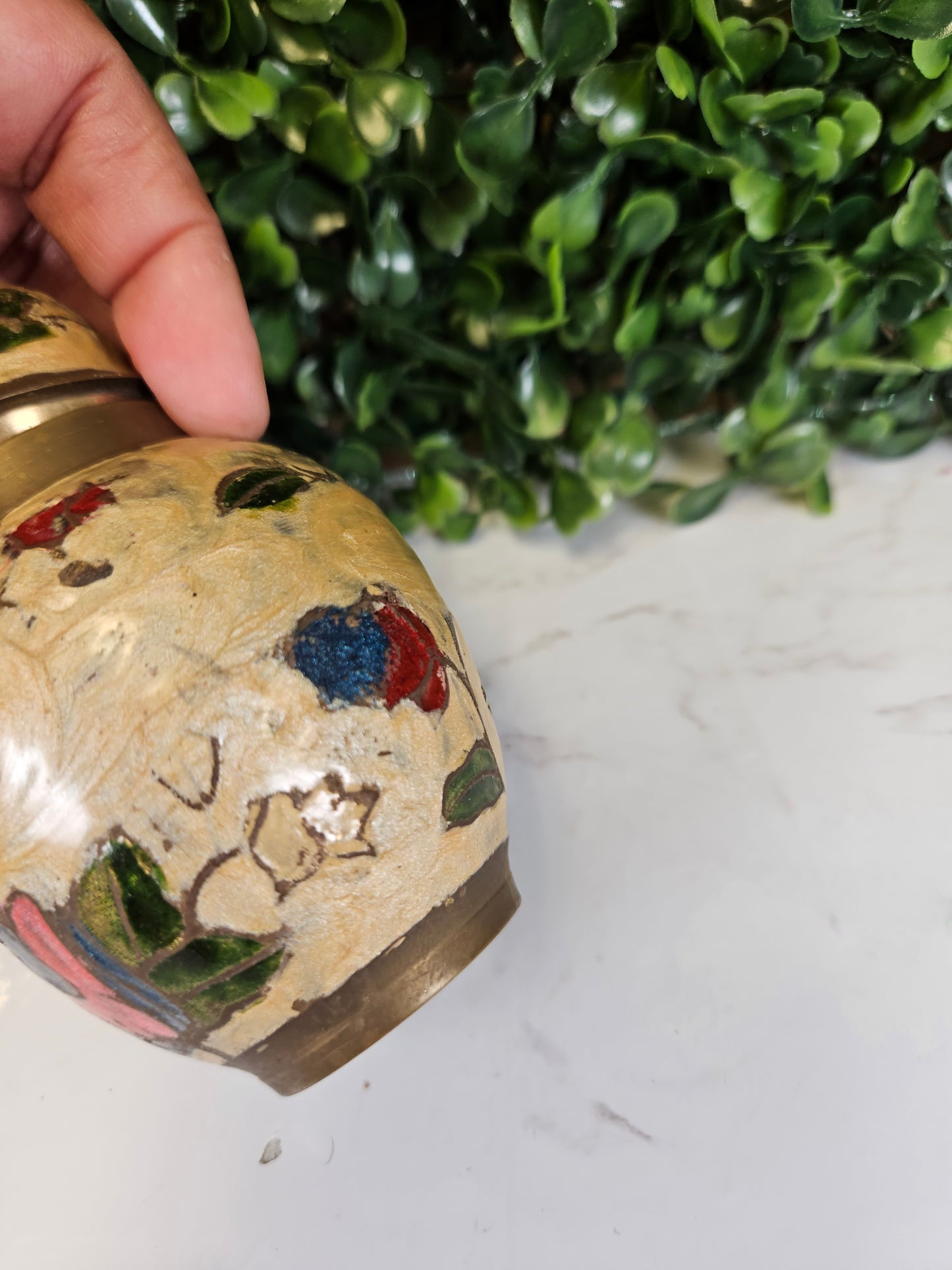 Small Brass Enamel Vase, Lidded Vase, Floral Pattern cream, red & green