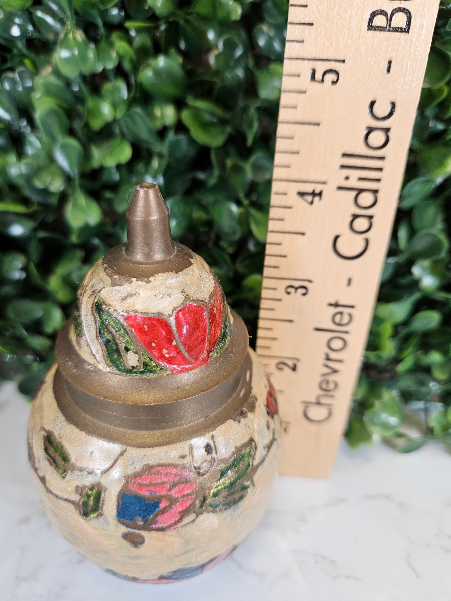 Small Brass Enamel Vase, Lidded Vase, Floral Pattern cream, red & green