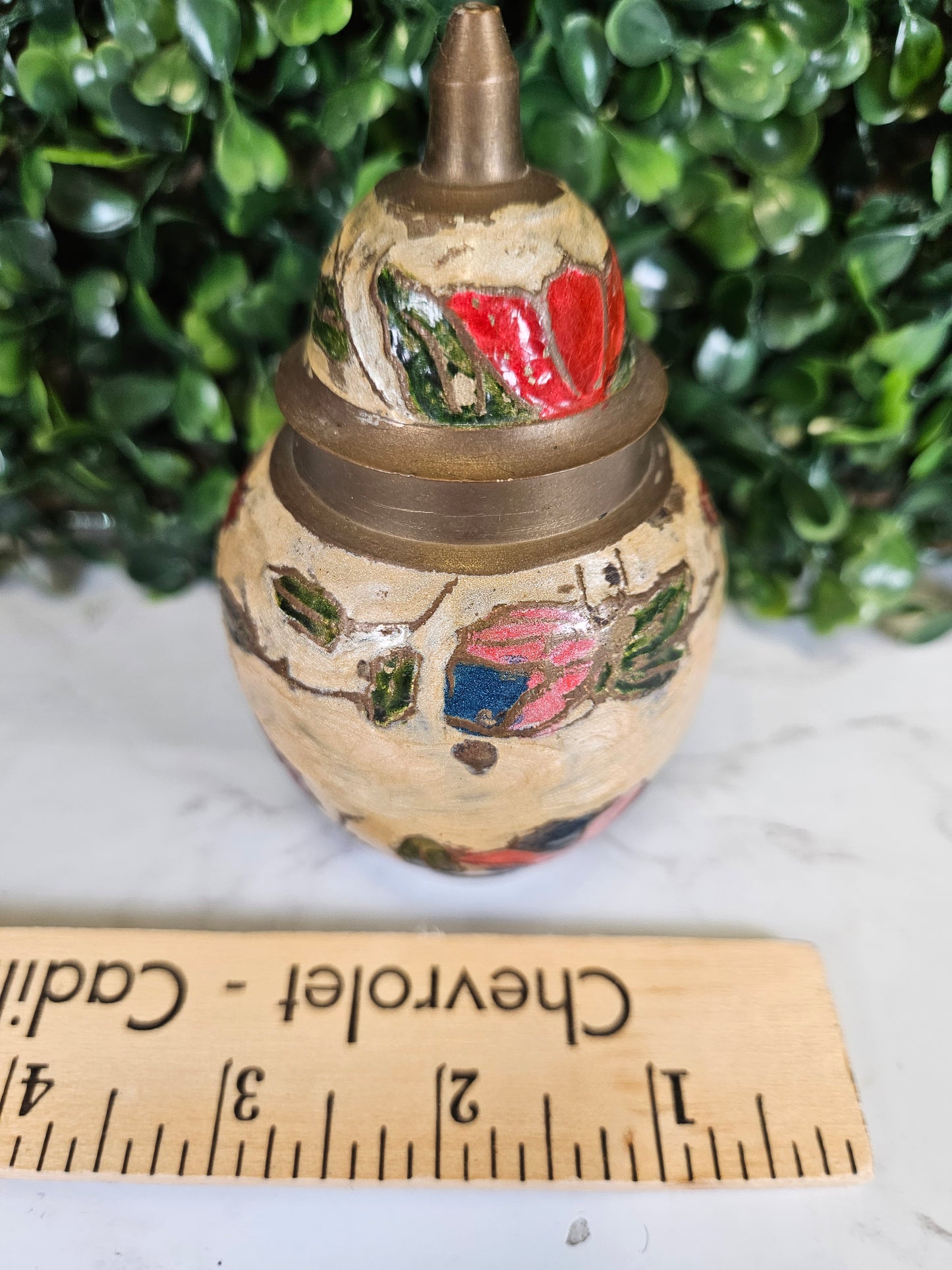 Small Brass Enamel Vase, Lidded Vase, Floral Pattern cream, red & green