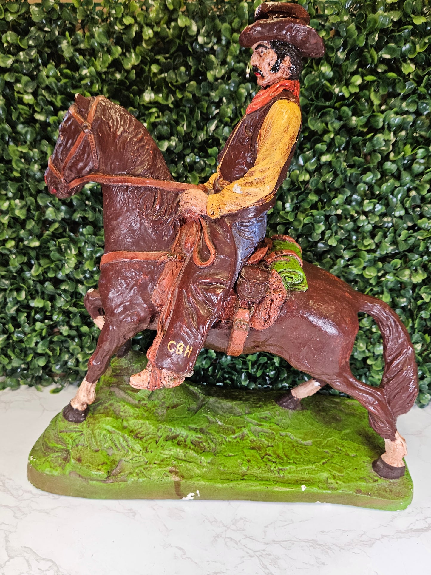 Vintage chippy Cowboy Horse Rider Hand painted Chalkware Statue