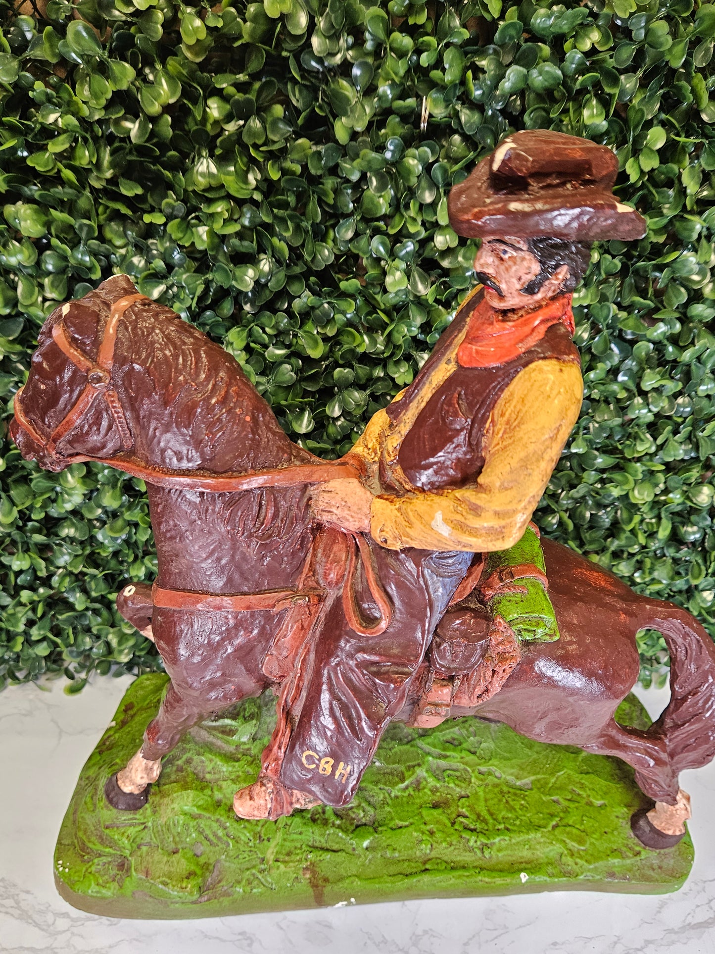 Vintage chippy Cowboy Horse Rider Hand painted Chalkware Statue