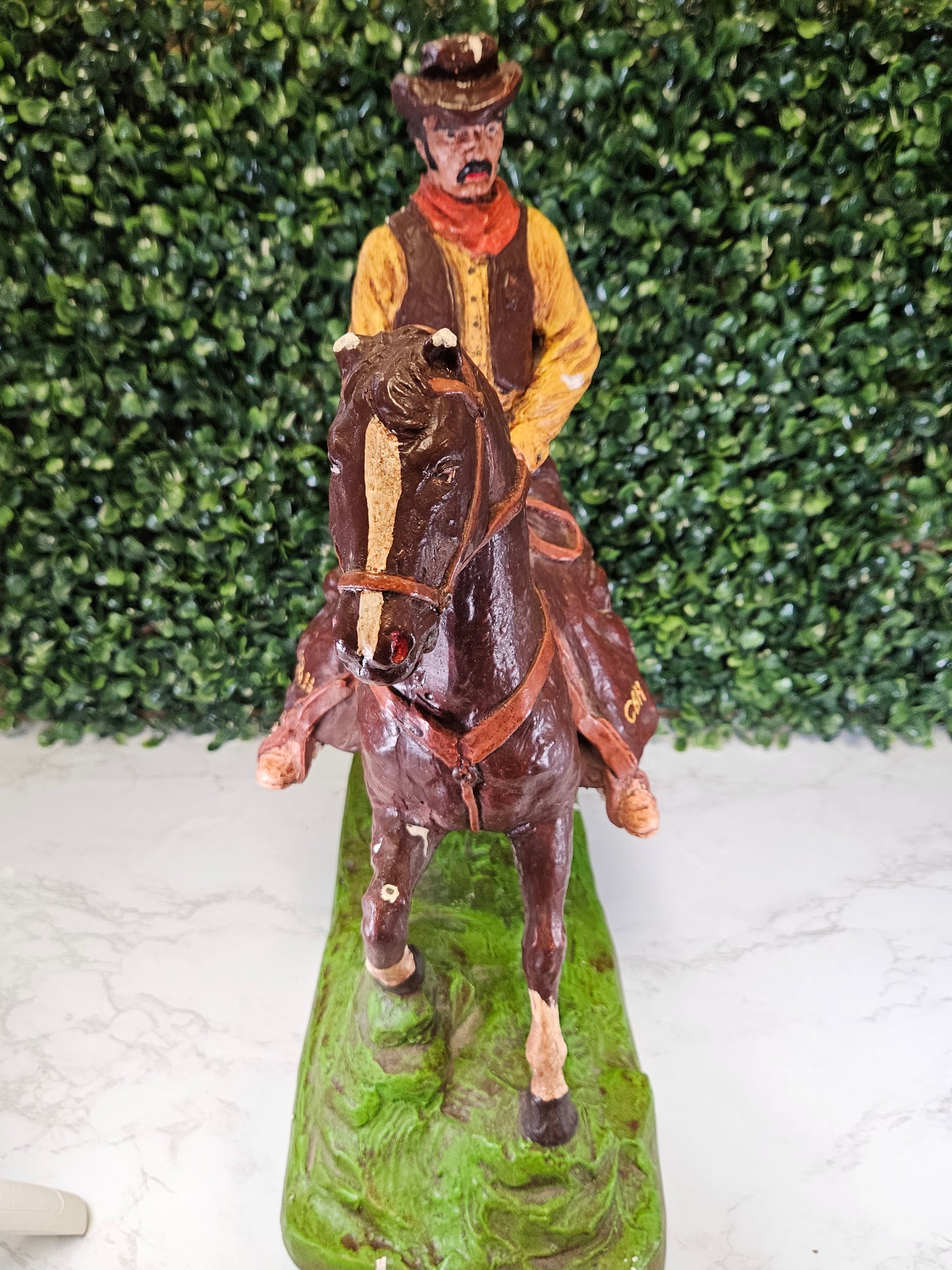 Vintage chippy Cowboy Horse Rider Hand painted Chalkware Statue