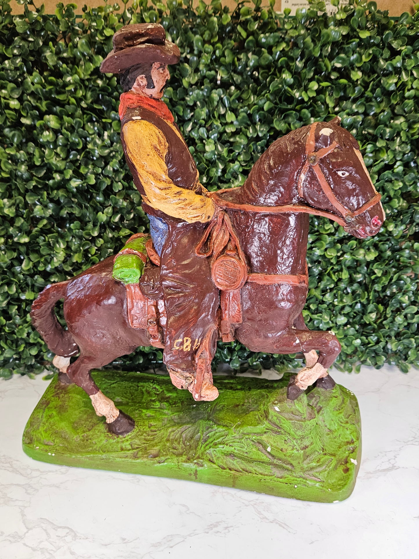 Vintage chippy Cowboy Horse Rider Hand painted Chalkware Statue