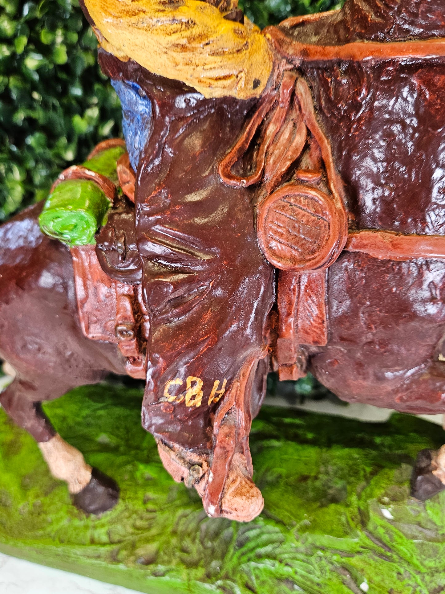 Vintage chippy Cowboy Horse Rider Hand painted Chalkware Statue