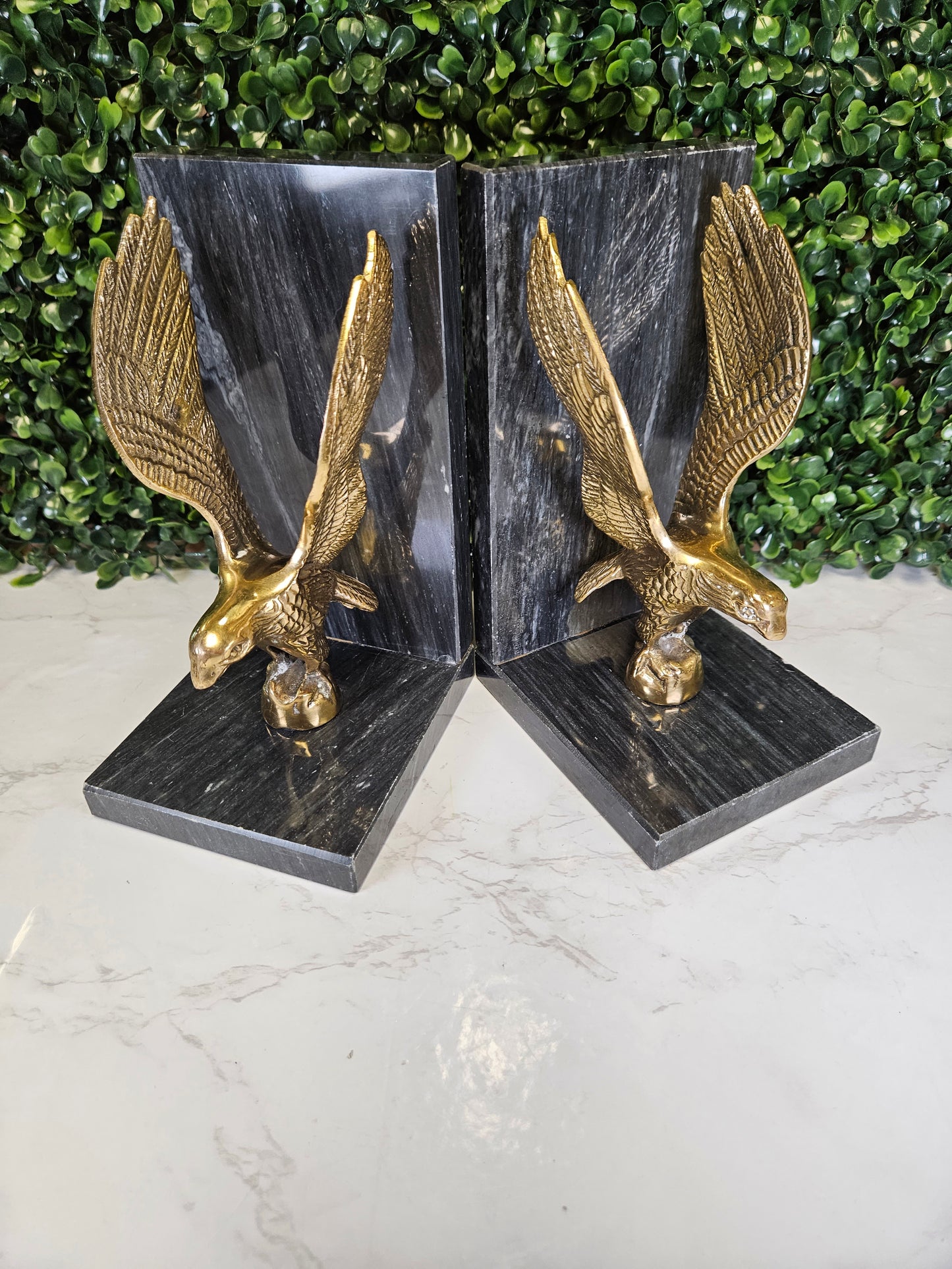 Vintage brass & black marble eagle bookends