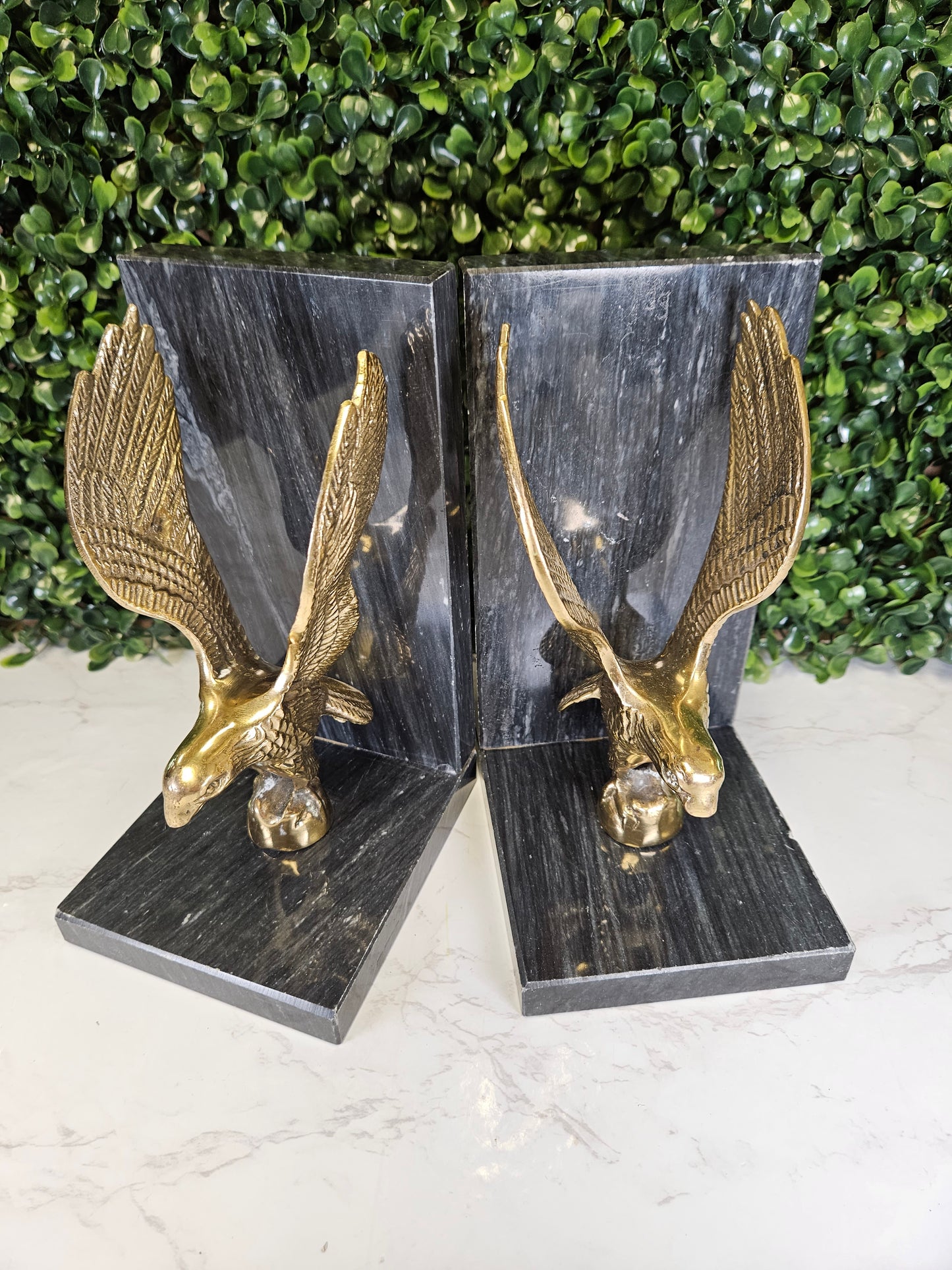 Vintage brass & black marble eagle bookends