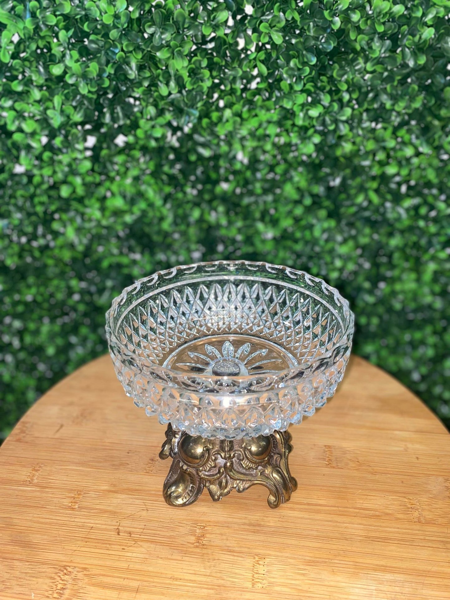 VINTAGE GLASS CANDY DISH WITH BRASS BASE