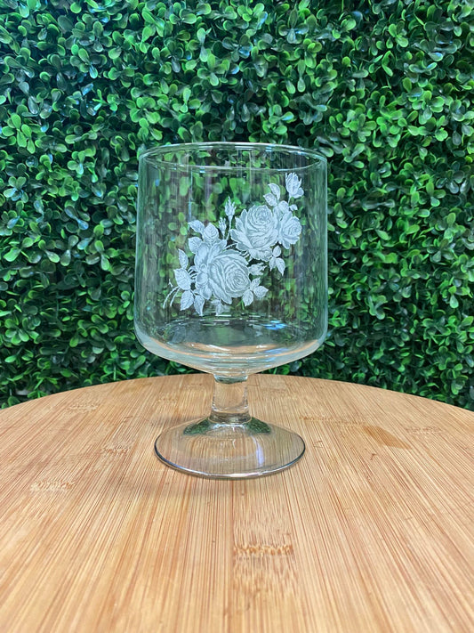VINTAGE  STEM GLASS DRINKING CUP WIT WHITE FLORAL MOTIF