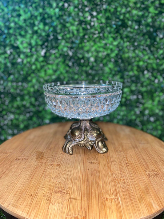 VINTAGE GLASS CANDY DISH WITH BRASS BASE