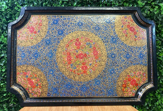 VINTAGE WOODEN HAND PAINTED TRAY FROM INDIA BLUE RED & GOLD