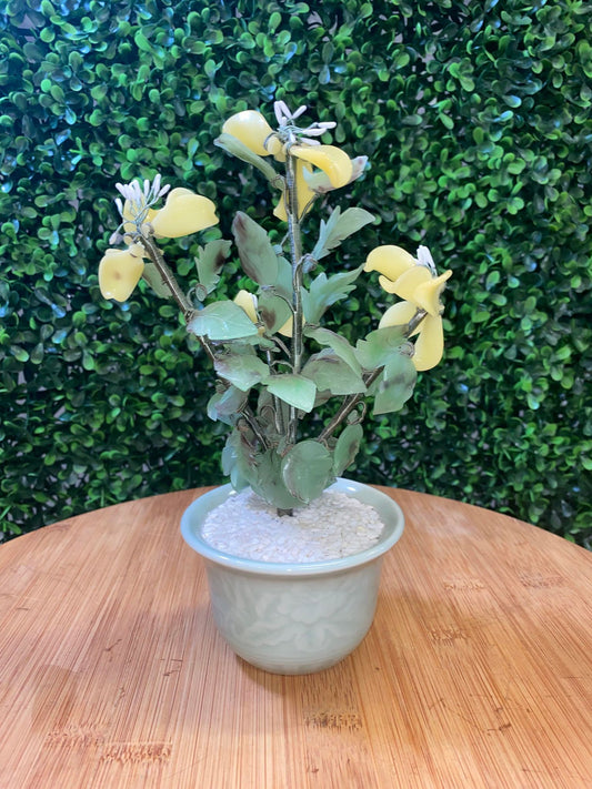 Vintage Chinese cloisonne, agate & hard stones flower vase - yellow