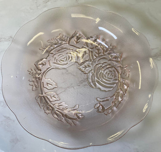 Vintage pressed depression glass rose motif scallop bowl stamped Mexico