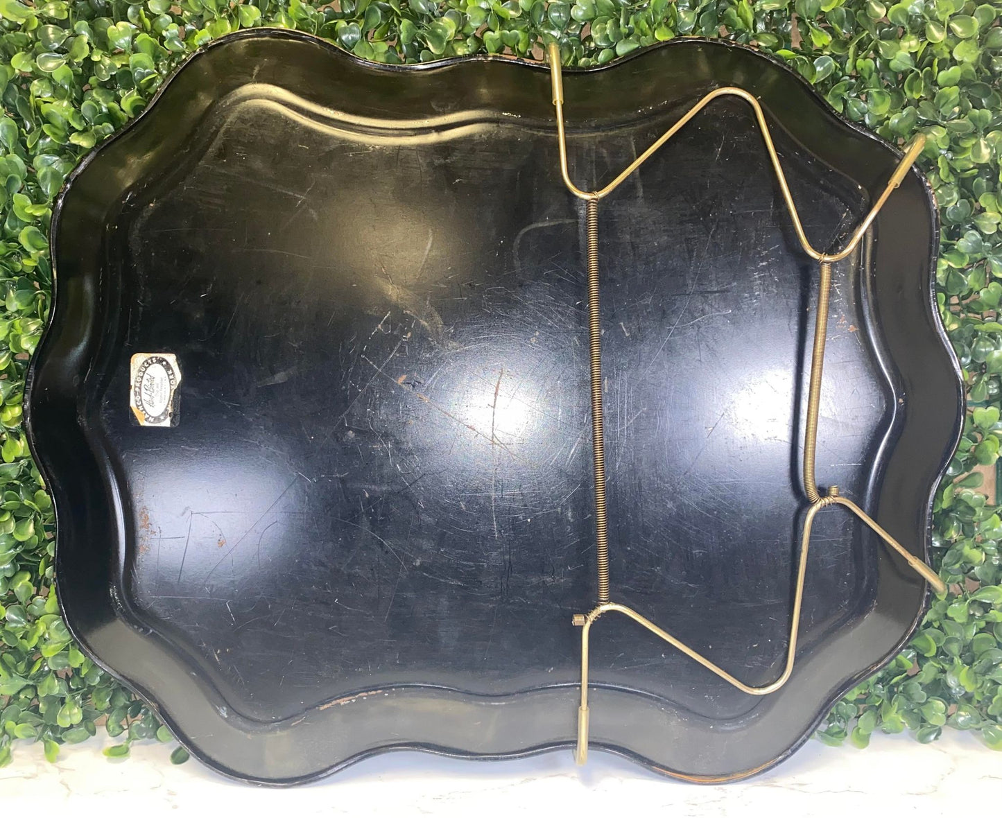 Vintage NASHCO Hand Painted Scalloped Black and Gold Tray w/ floral Tole Motif