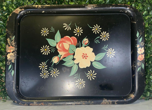 Vintage Hand Painted Black Tray w/Rose floral Tole Motif chippy
