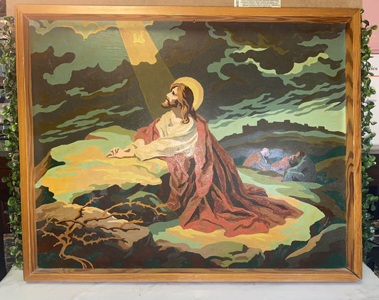 Vintage mid-century paint by numbers jesus framed painting