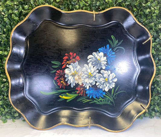 Vintage NASHCO Hand Painted Scalloped Black and Gold Tray w/ floral Tole Motif